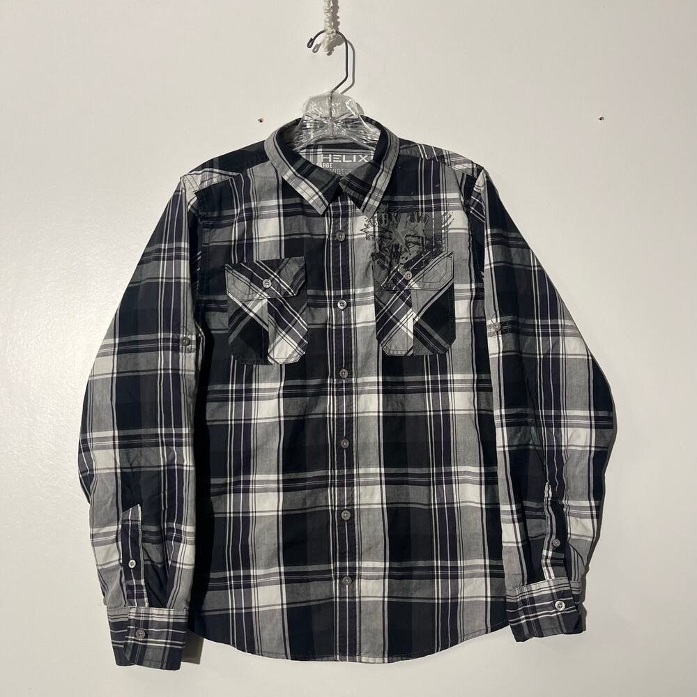 Helix Boys XL Plaid Long‎ Sleeve Button Down Shirt Black White Graphic Print